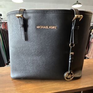 Michael Kors Women's Black Shoulder Bag with Gold Hardware Logo Charm